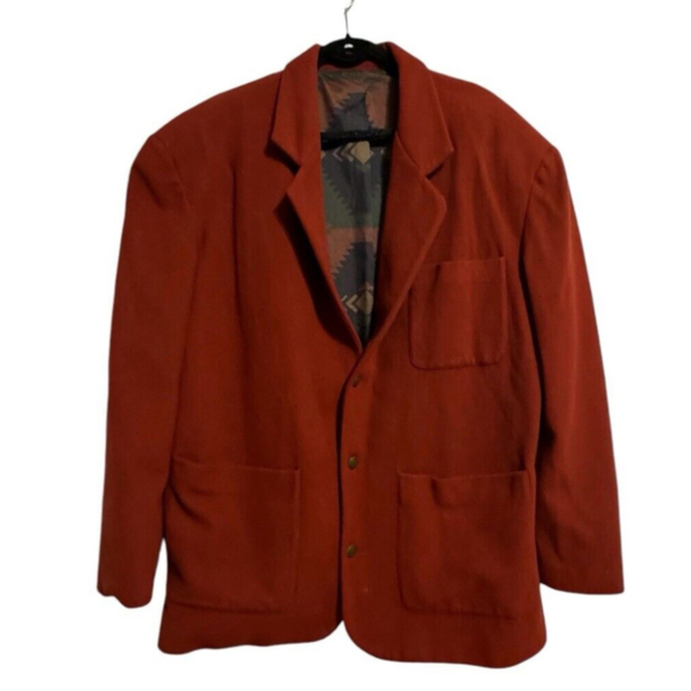 Vintage Cashmere Wool Burgundy Brick Red Blazer Jacket Aztec Silky Lining